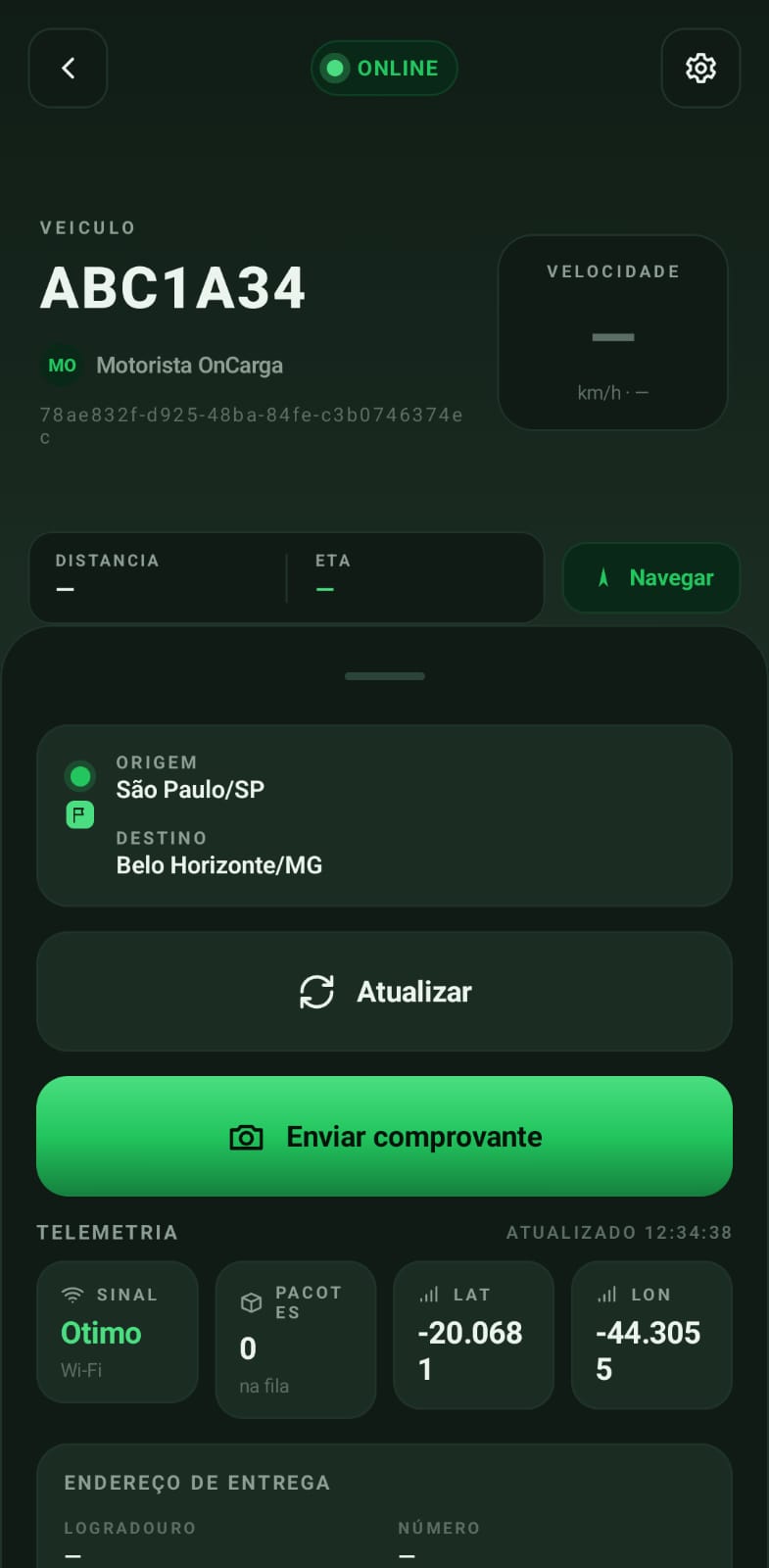 Tela do app OnCargas no celular do motorista, mostrando status online, veículo, origem, destino, velocidade e telemetria em tempo real